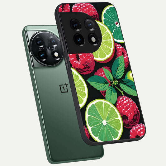  Lime and Raspberry Pattern phone case For OnePlus 11 showing premium glass back cover with detailed artwork