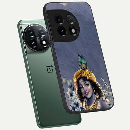  Lord Krishna phone case For OnePlus 11 showing premium glass back cover with detailed artwork