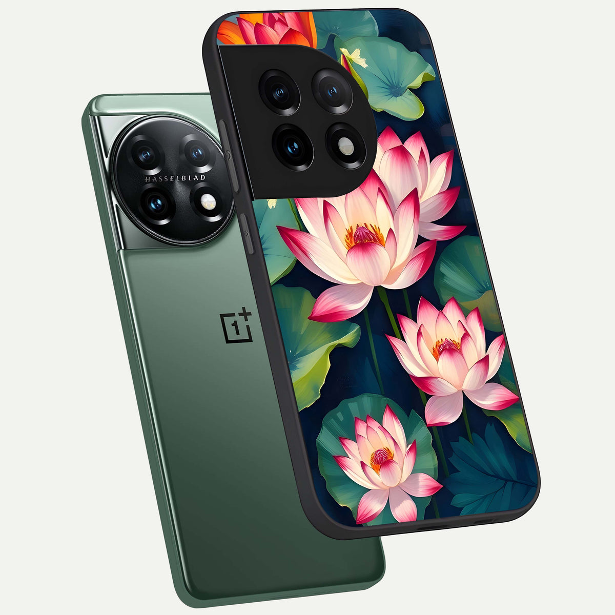  Lotus Dream Serenity phone case For OnePlus 11 showing premium glass back cover with detailed artwork