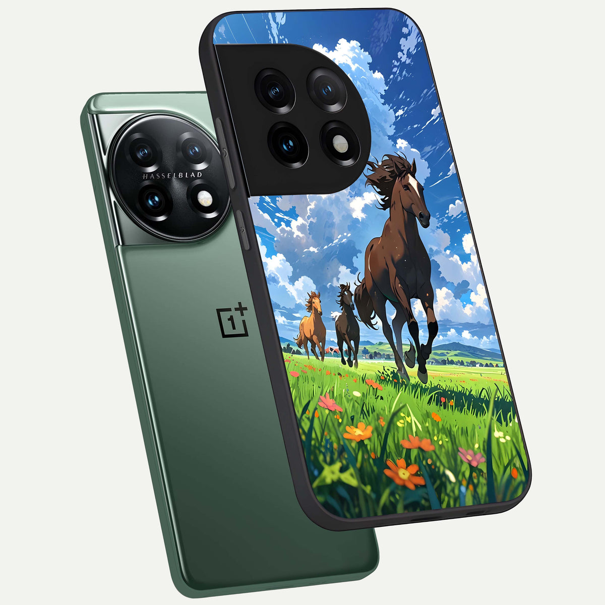  Majestic Horses Galloping phone case For OnePlus 11 showing premium glass back cover with detailed artwork