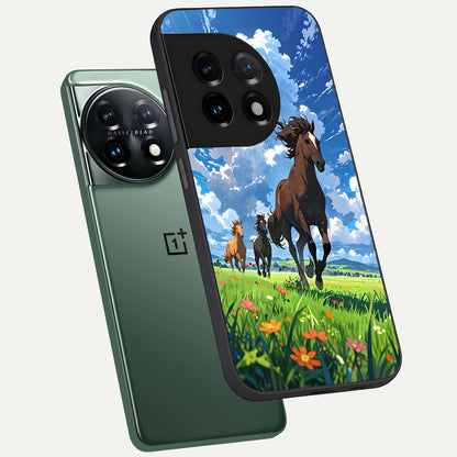  Majestic Horses Galloping phone case For OnePlus 11 showing premium glass back cover with detailed artwork