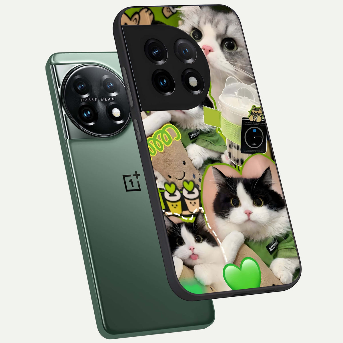  Matcha Cats Mood phone case For OnePlus 11 showing premium glass back cover with detailed artwork