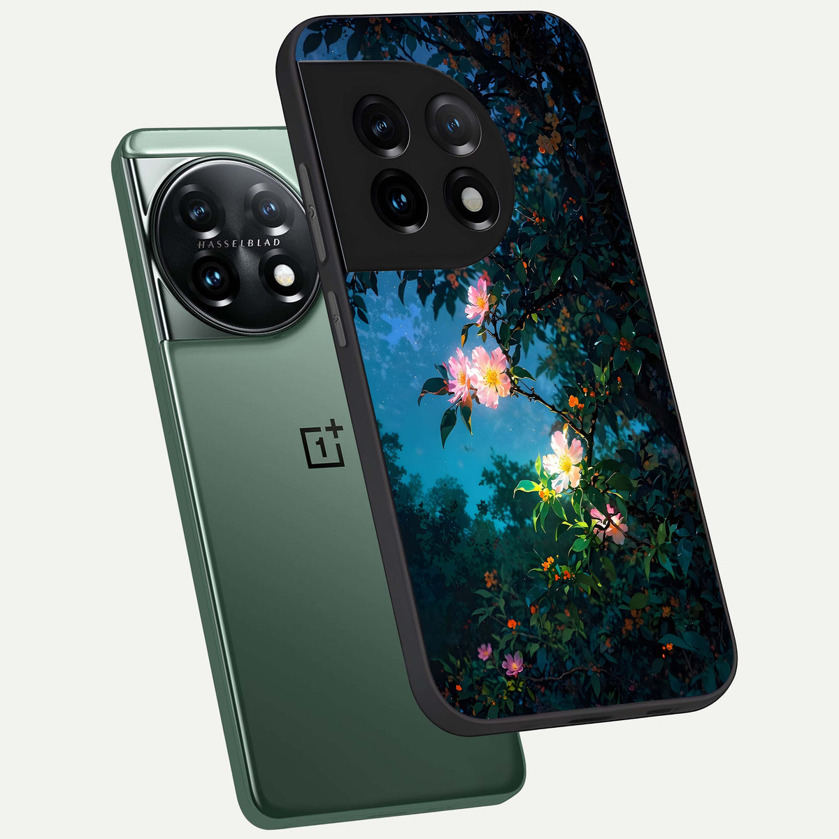  Midnight Bloom Glow phone case For OnePlus 11 showing premium glass back cover with detailed artwork