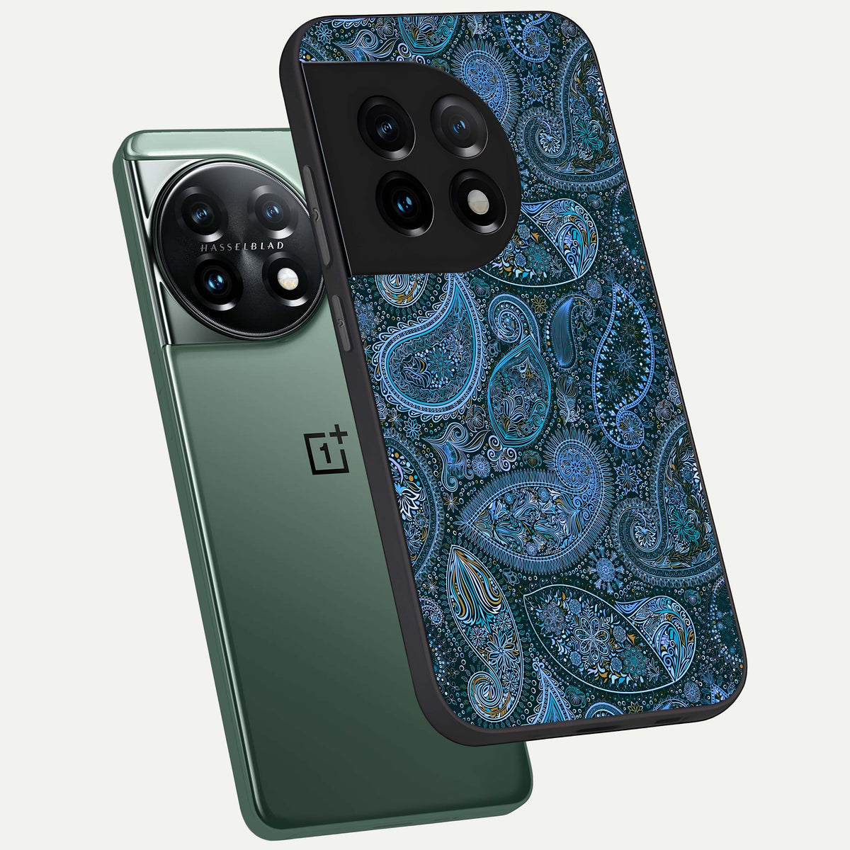  Midnight Paisley Glow phone case For OnePlus 11 showing premium glass back cover with detailed artwork