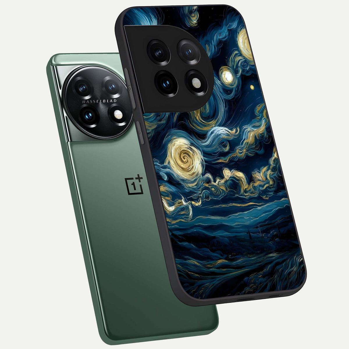  Midnight Sky Whirl phone case For OnePlus 11 showing premium glass back cover with detailed artwork