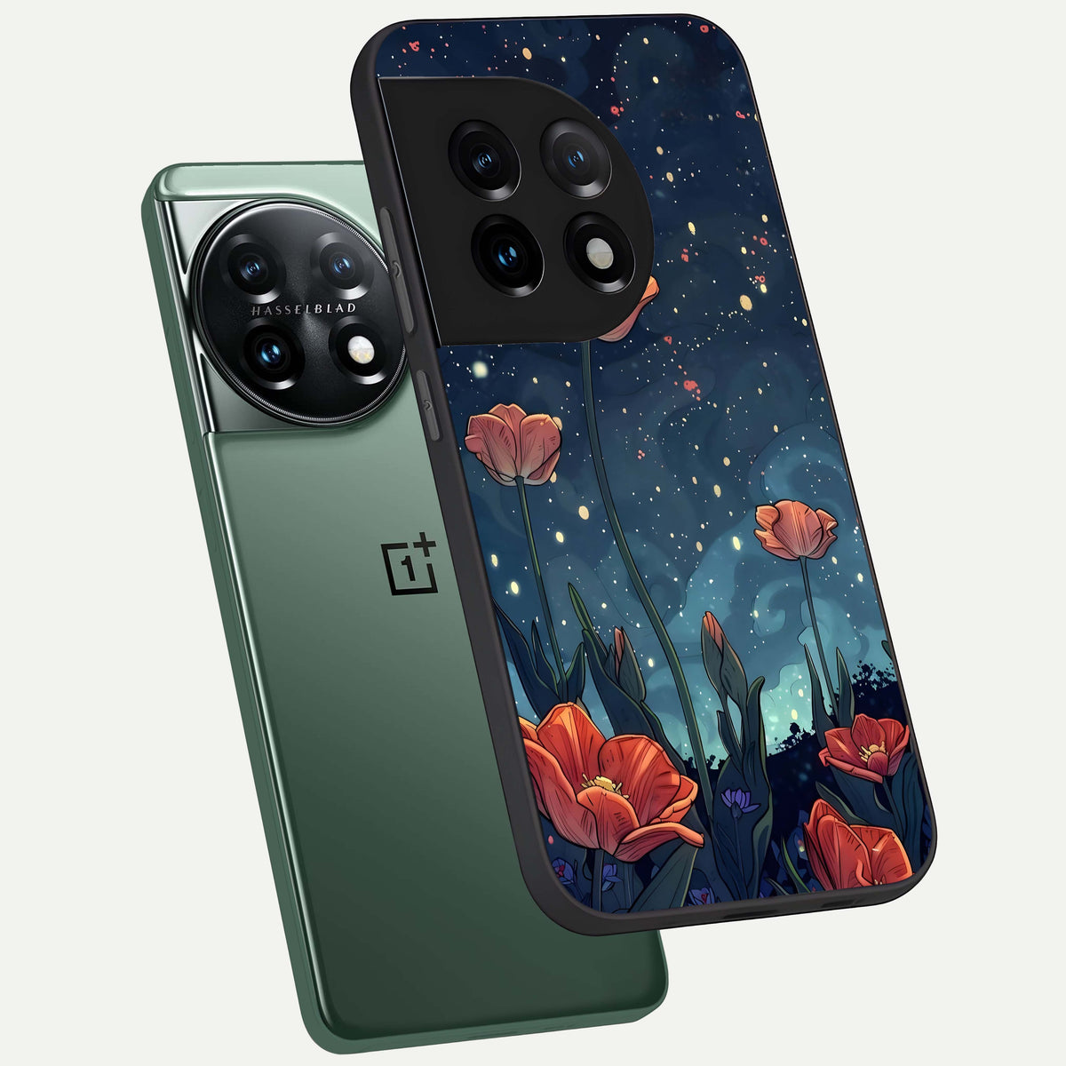  Midnight Tulip Glow phone case For OnePlus 11 showing premium glass back cover with detailed artwork