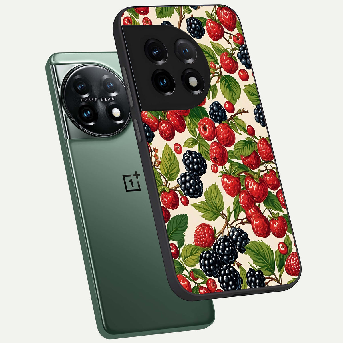  Mixed Berry Collage phone case For OnePlus 11 showing premium glass back cover with detailed artwork
