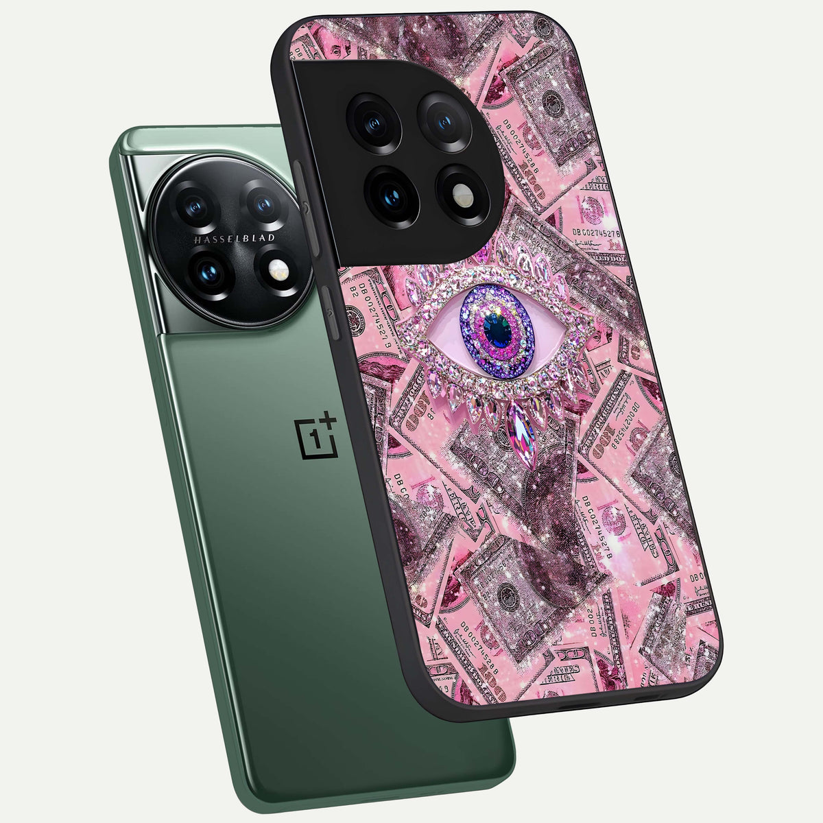  Money Eye Luxe phone case For OnePlus 11 showing premium glass back cover with detailed artwork