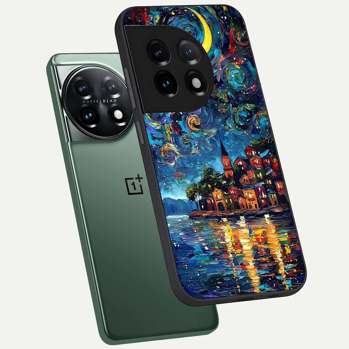  Moonlight Harbor Glow phone case For OnePlus 11 showing premium glass back cover with detailed artwork