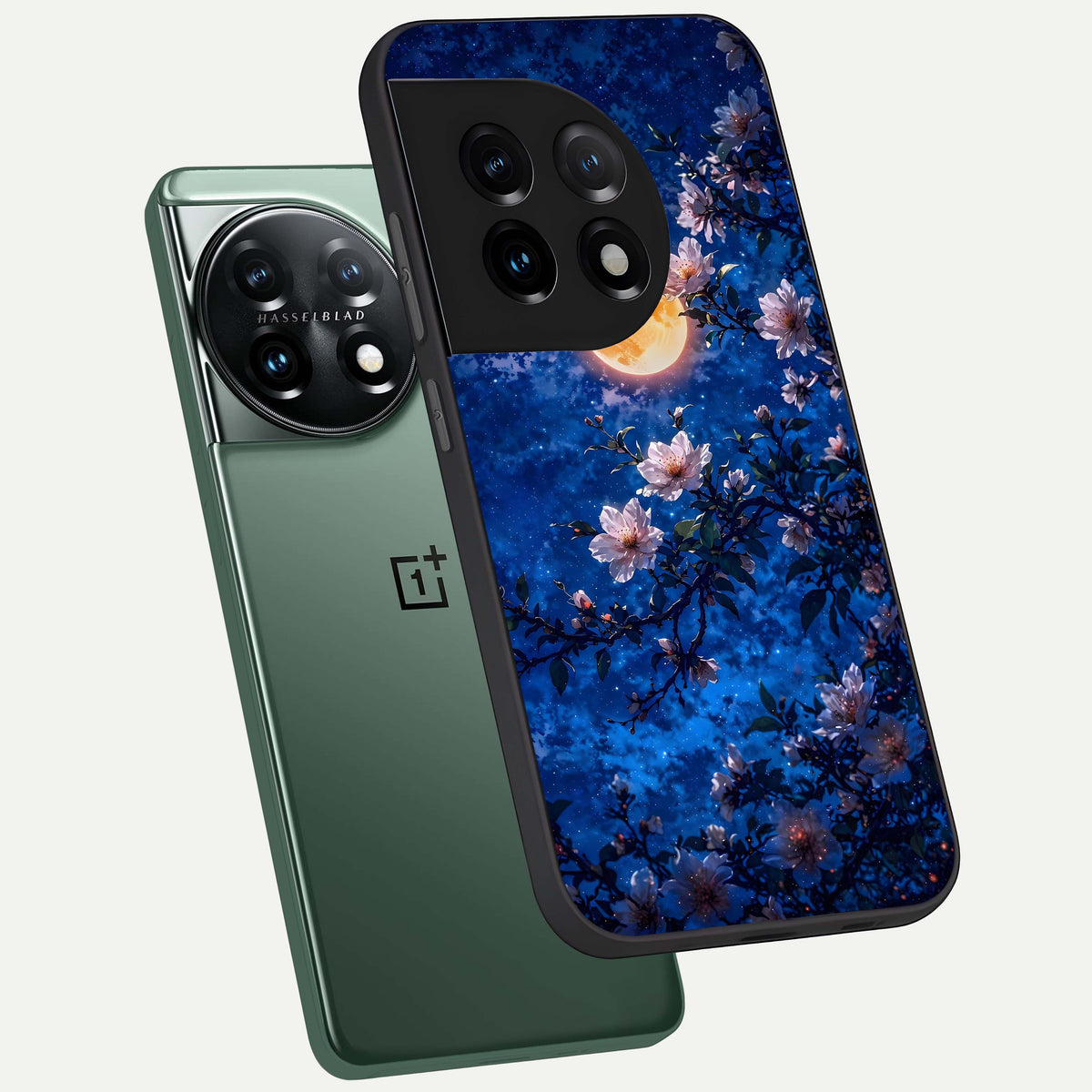  Moonlit Blossoms Night phone case For OnePlus 11 showing premium glass back cover with detailed artwork