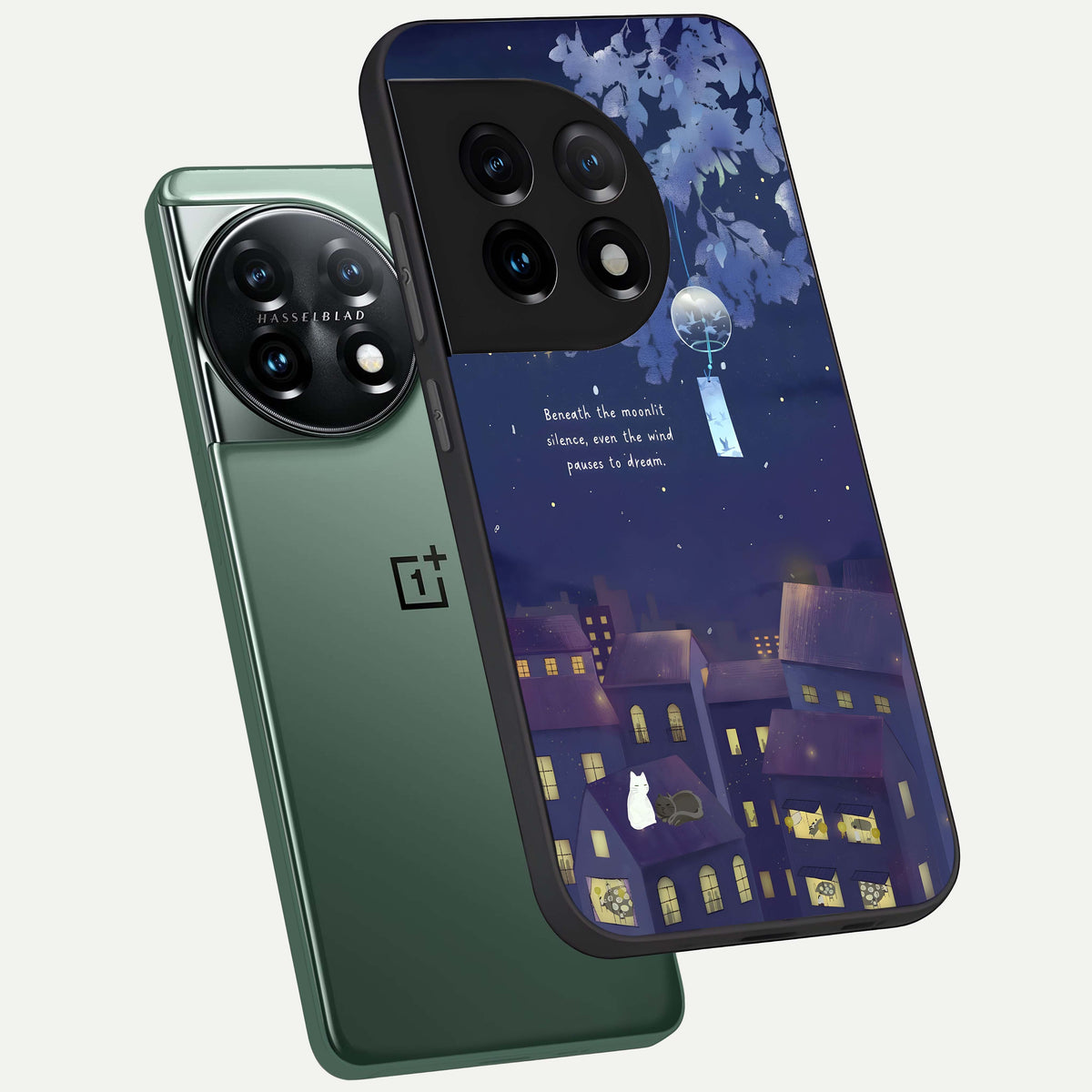  Moonlit Cat Silence phone case For OnePlus 11 showing premium glass back cover with detailed artwork