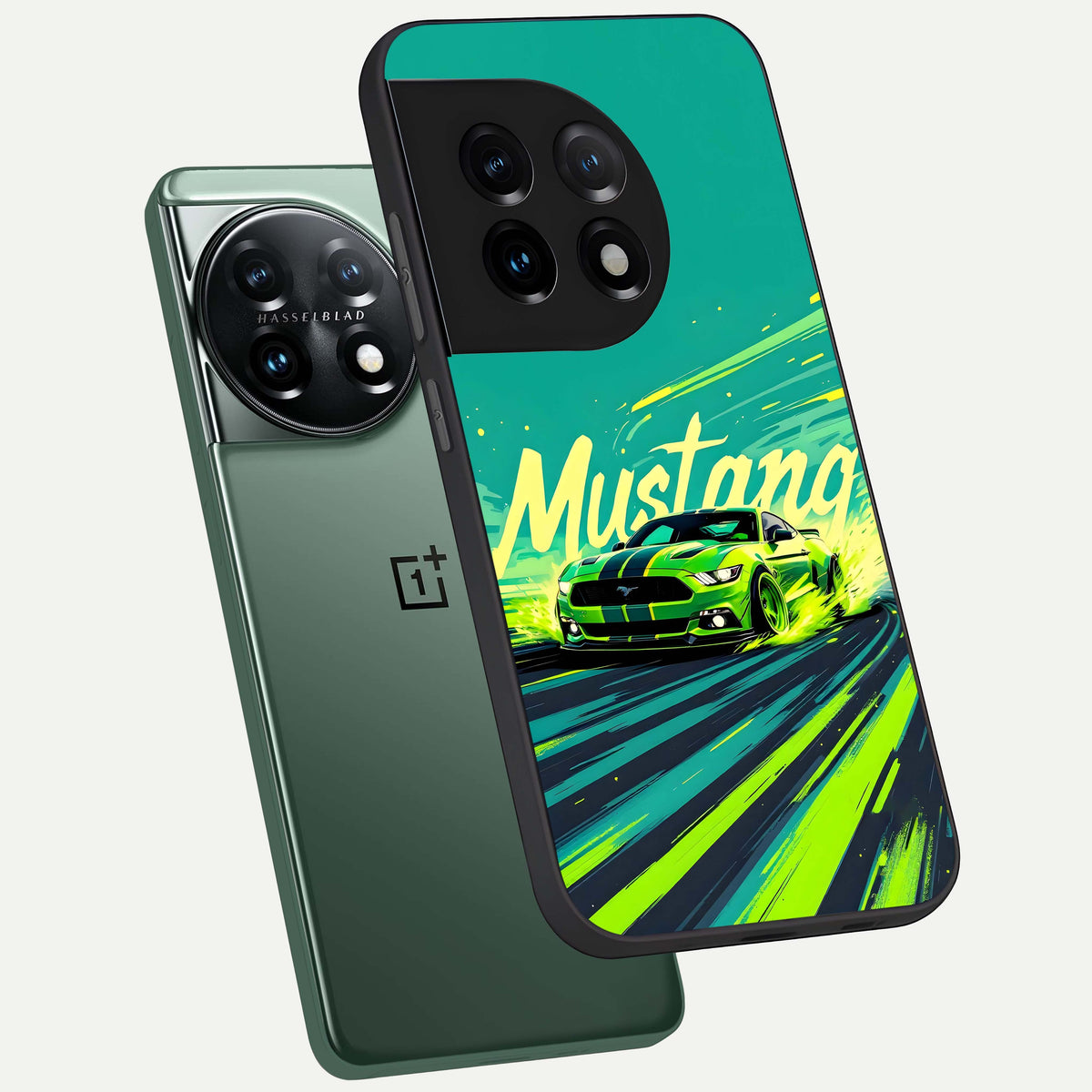  Mustang Bang phone case For OnePlus 11 showing premium glass back cover with detailed artwork