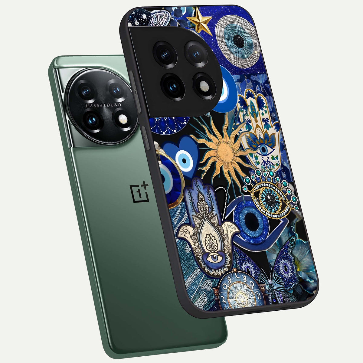  Mystic Blue Evil Eye phone case For OnePlus 11 showing premium glass back cover with detailed artwork