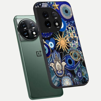  Mystic Blue Evil Eye phone case For OnePlus 11 showing premium glass back cover with detailed artwork