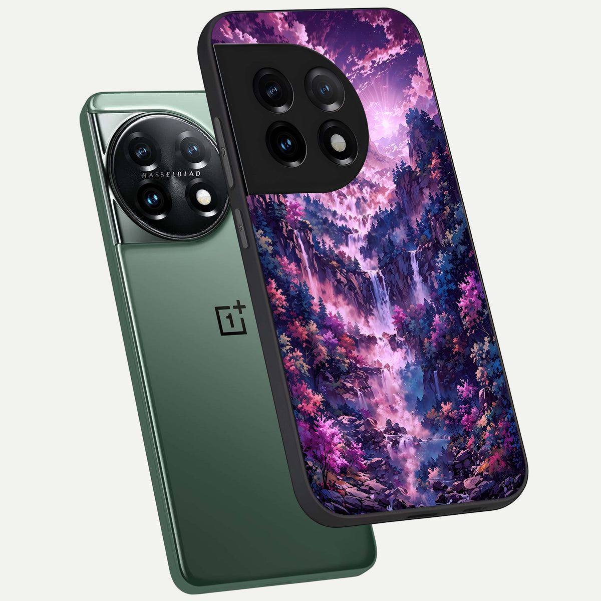 Mystic Cascade Peaks phone case For OnePlus 11 showing premium glass back cover with detailed artwork