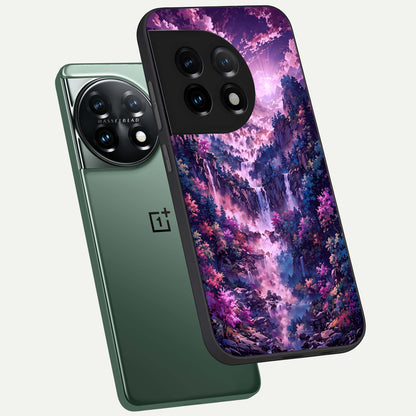  Mystic Cascade Peaks phone case For OnePlus 11 showing premium glass back cover with detailed artwork