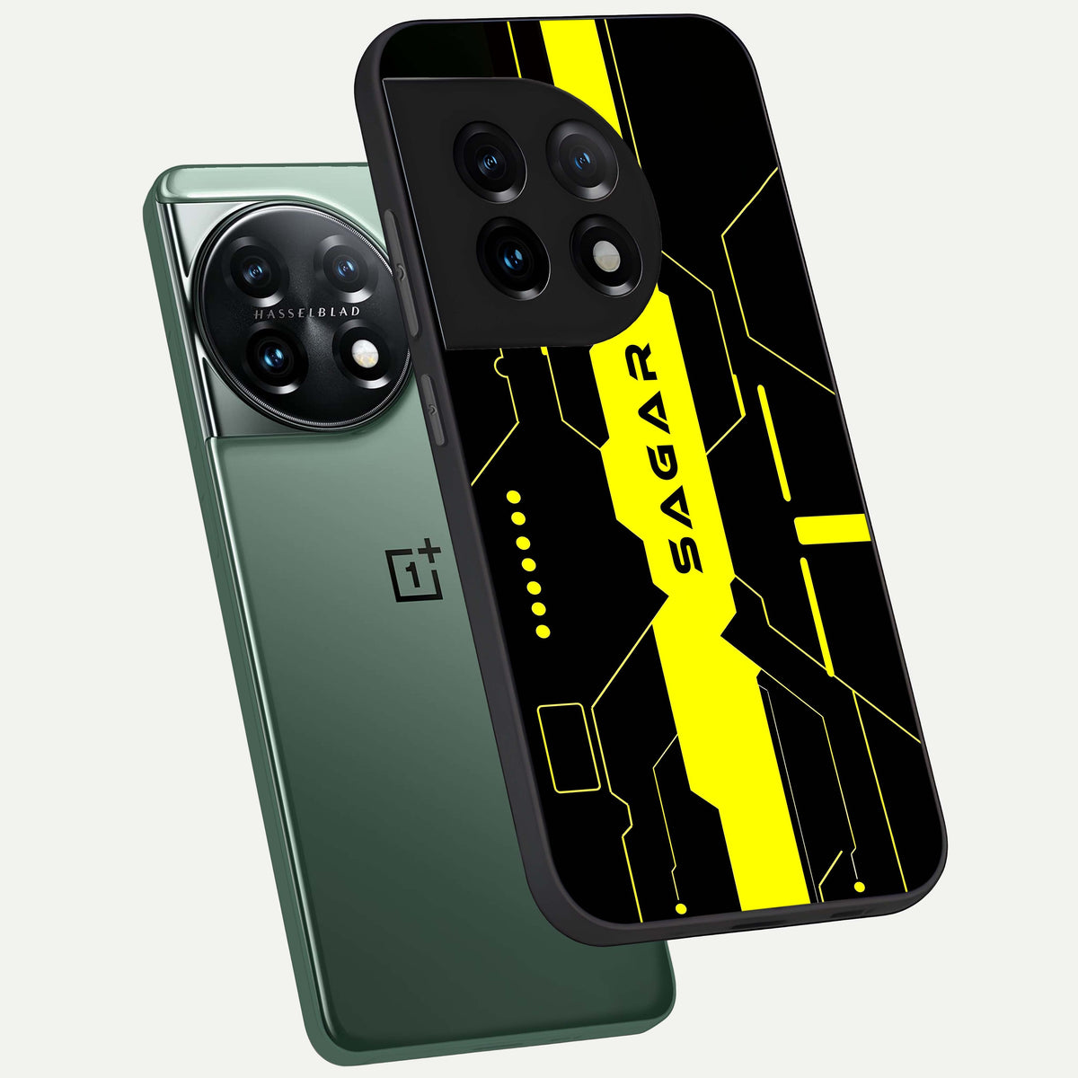  Neon CYBERPUNK Custom Name phone case For OnePlus 11 showing premium glass back cover with detailed artwork