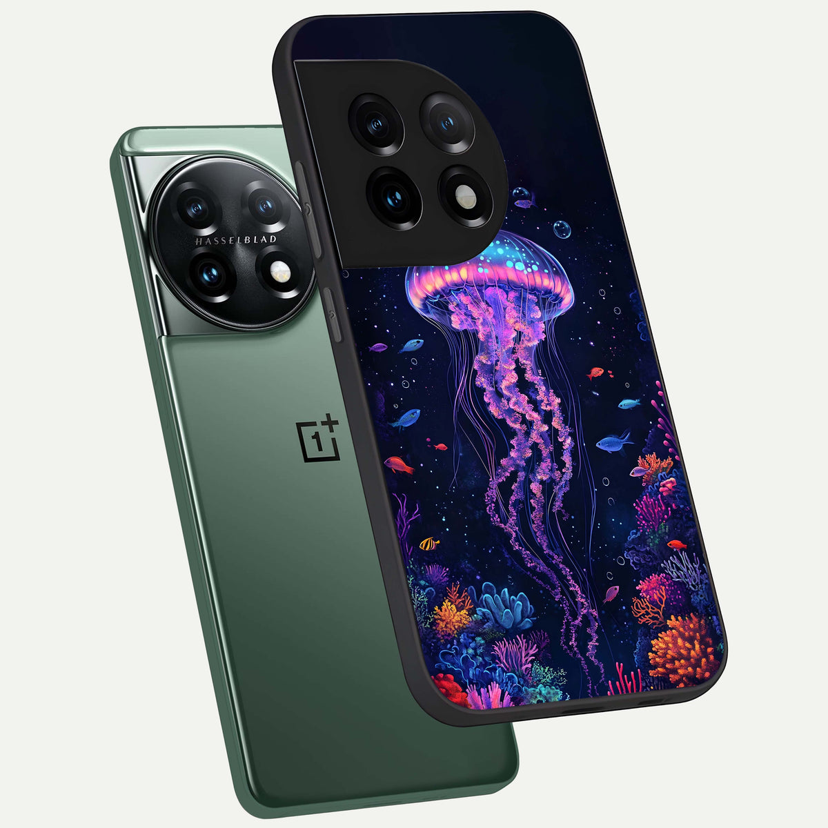  Neon Jellyfish phone case For OnePlus 11 showing premium glass back cover with detailed artwork