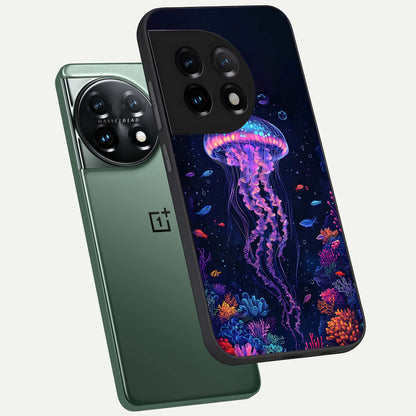  Neon Jellyfish phone case For OnePlus 11 showing premium glass back cover with detailed artwork