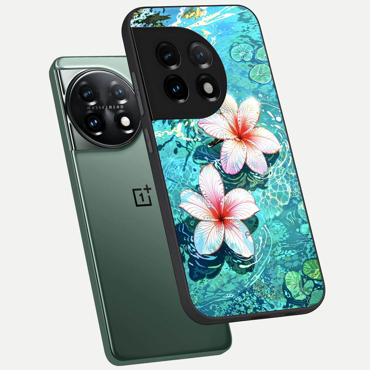  Pink Flowers in Water phone case For OnePlus 11 showing premium glass back cover with detailed artwork