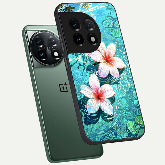  Pink Flowers in Water phone case For OnePlus 11 showing premium glass back cover with detailed artwork