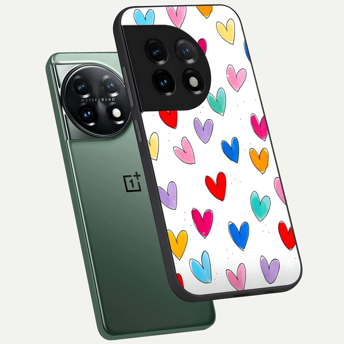  Playful Love Doodles phone case For OnePlus 11 showing premium glass back cover with detailed artwork