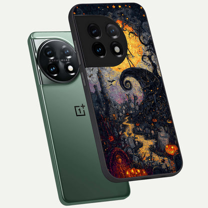  Pumpkin Moon Night phone case For OnePlus 11 showing premium glass back cover with detailed artwork