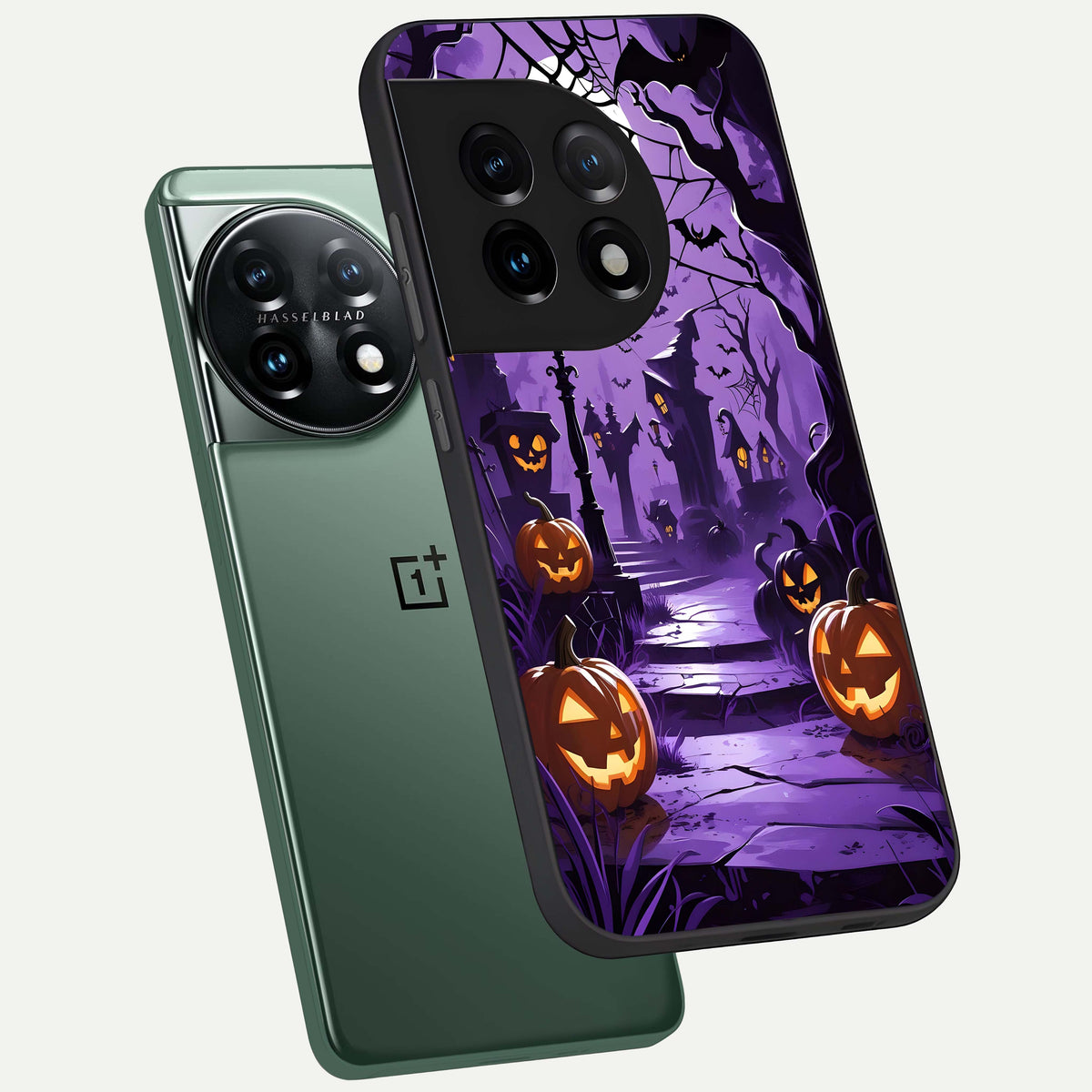  Pumpkin Patch Halloween phone case For OnePlus 11 showing premium glass back cover with detailed artwork