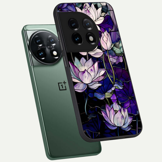  Purple Lotus Pattern phone case For OnePlus 11 showing premium glass back cover with detailed artwork