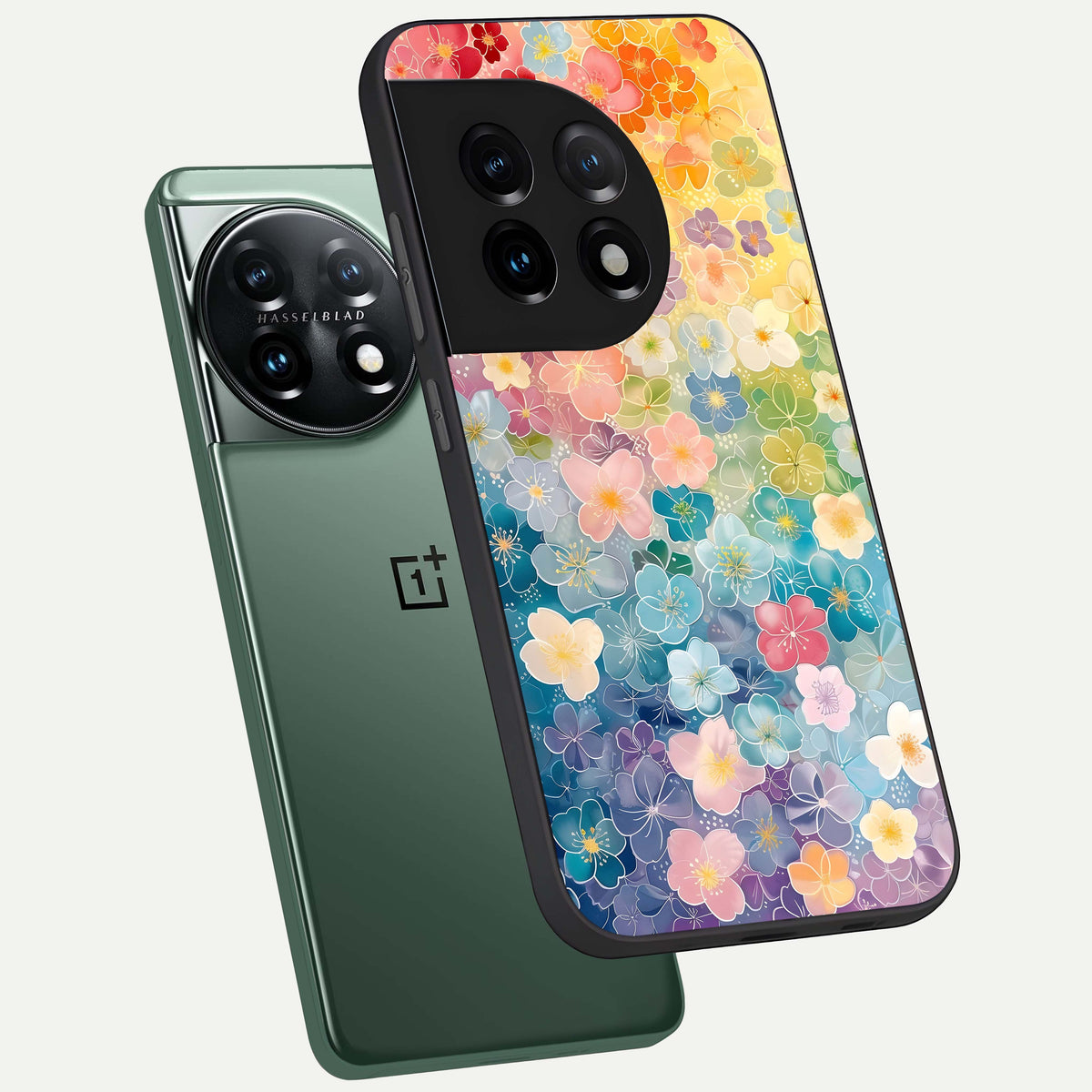  Rainbow Blossom Burst phone case For OnePlus 11 showing premium glass back cover with detailed artwork