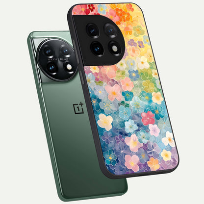  Rainbow Blossom Burst phone case For OnePlus 11 showing premium glass back cover with detailed artwork