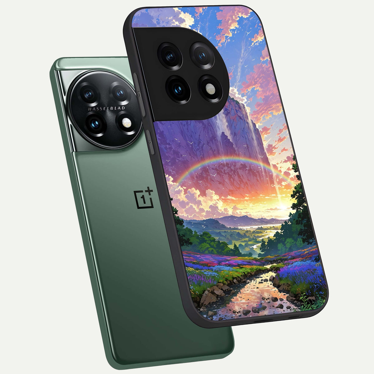 Rainbow Valley Dream phone case For OnePlus 11 showing premium glass back cover with detailed artwork
