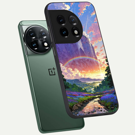  Rainbow Valley Dream phone case For OnePlus 11 showing premium glass back cover with detailed artwork