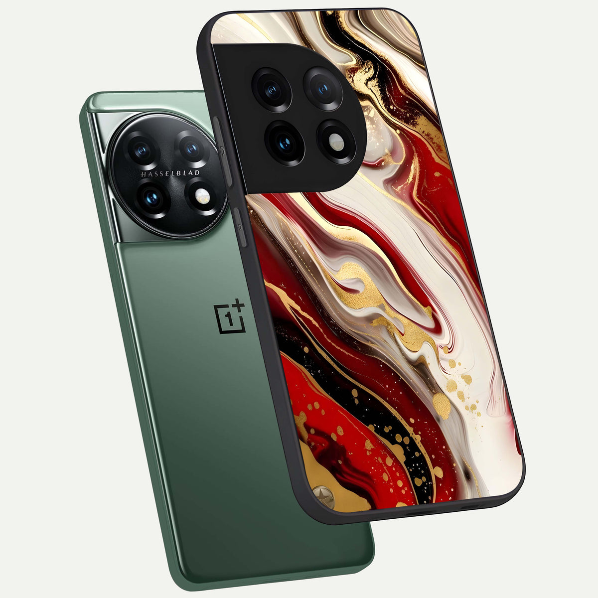  Red And White Marble phone case For OnePlus 11 showing premium glass back cover with detailed artwork
