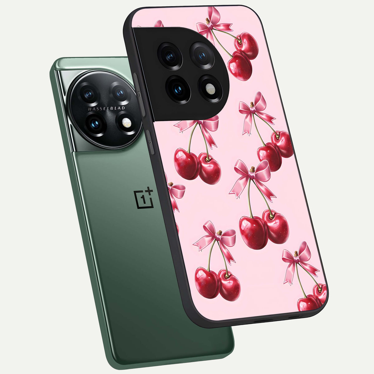  Red Cherries Pattern phone case For OnePlus 11 showing premium glass back cover with detailed artwork