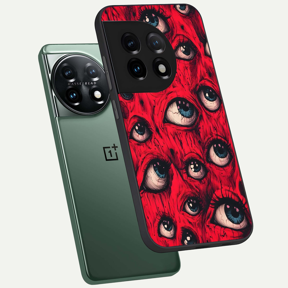  Red Eyes Pattern phone case For OnePlus 11 showing premium glass back cover with detailed artwork
