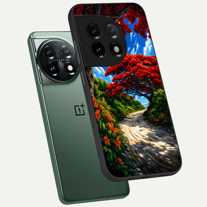  Red Trees Pathway phone case For OnePlus 11 showing premium glass back cover with detailed artwork