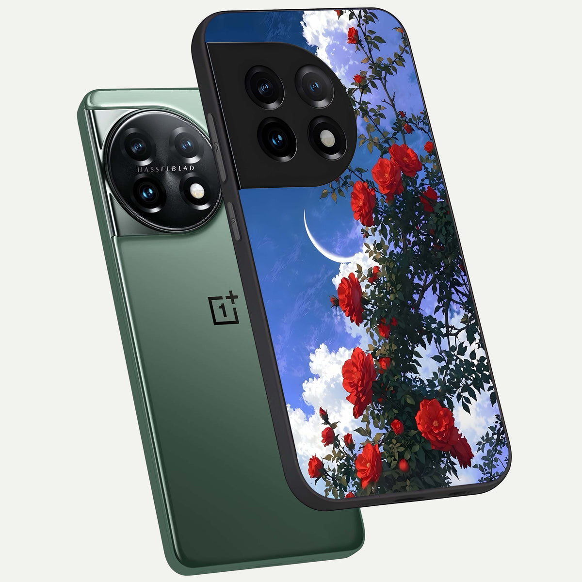  Rose Drift Flowers phone case For OnePlus 11 showing premium glass back cover with detailed artwork