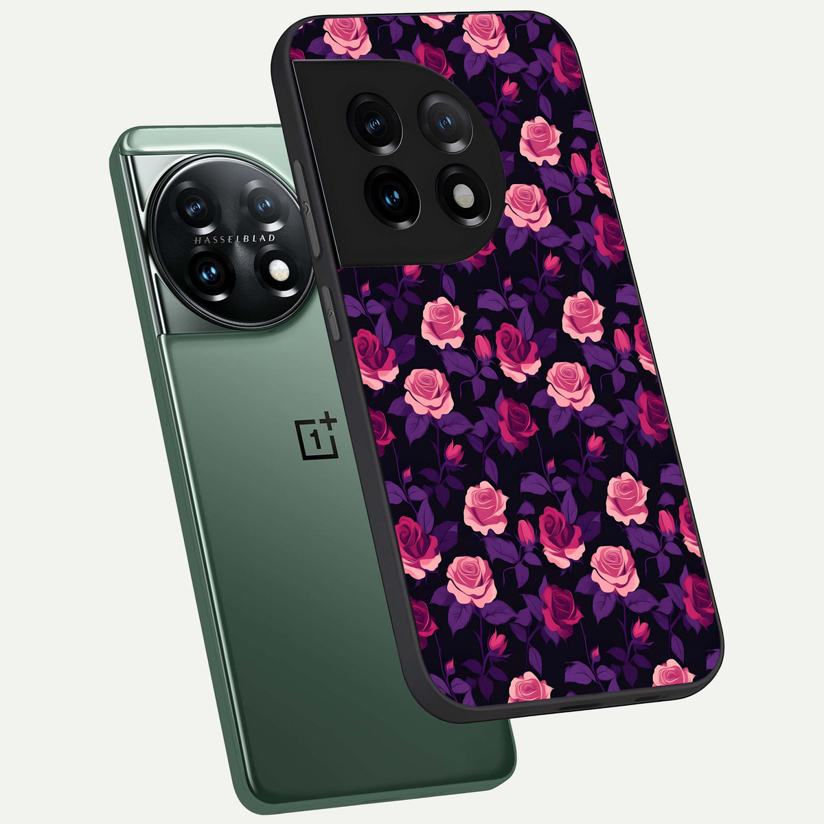  Rose Garden Twilight phone case For OnePlus 11 showing premium glass back cover with detailed artwork