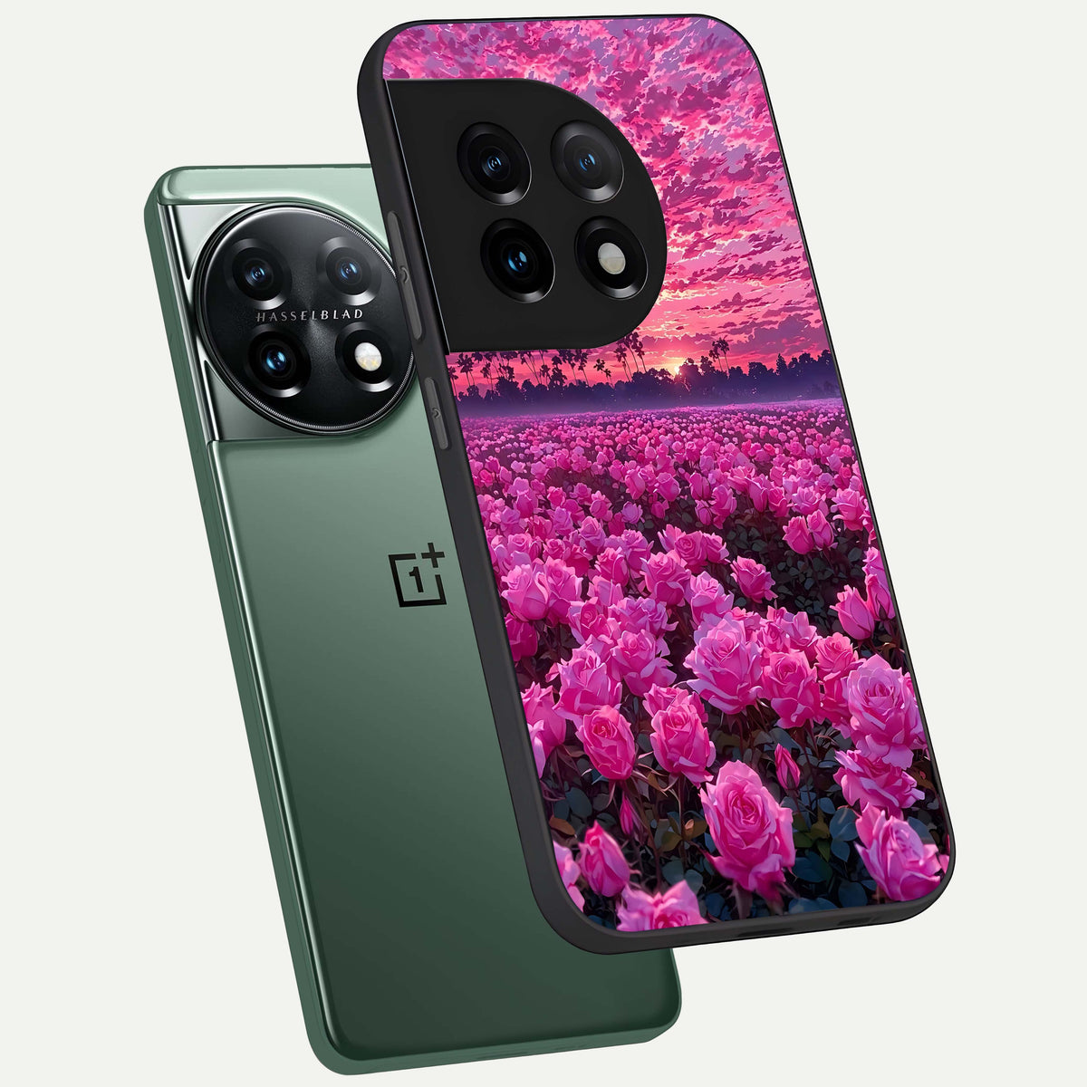  Rose Sunset Valley phone case For OnePlus 11 showing premium glass back cover with detailed artwork
