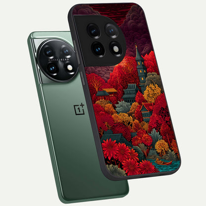  Scarlet Autumn Temple phone case For OnePlus 11 showing premium glass back cover with detailed artwork