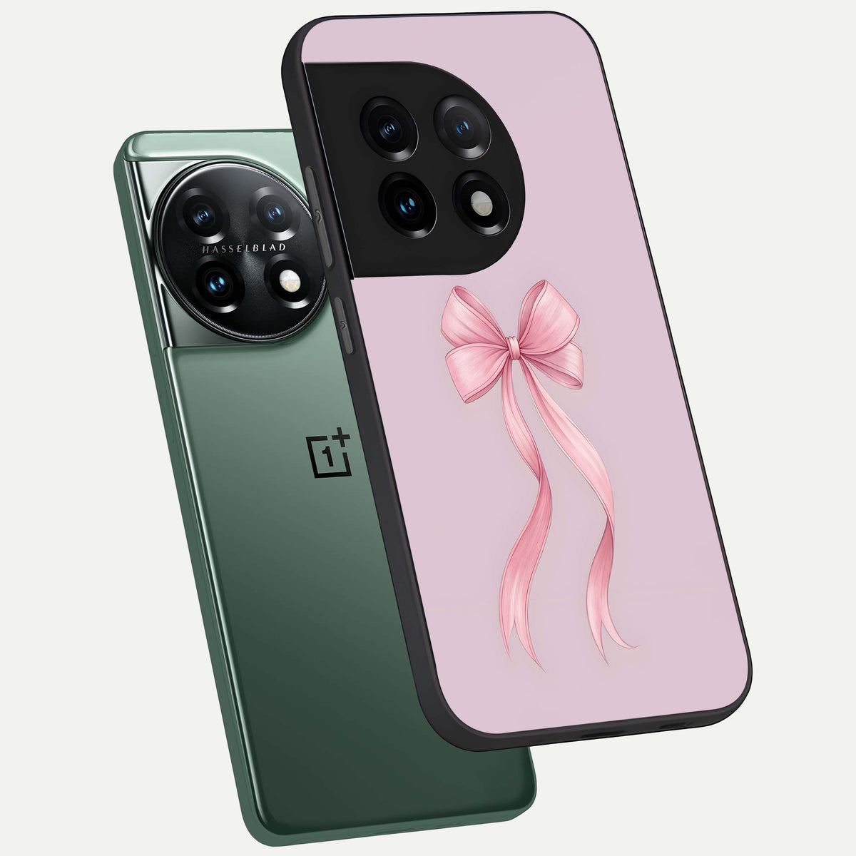  Soft Blush Bow phone case For OnePlus 11 showing premium glass back cover with detailed artwork