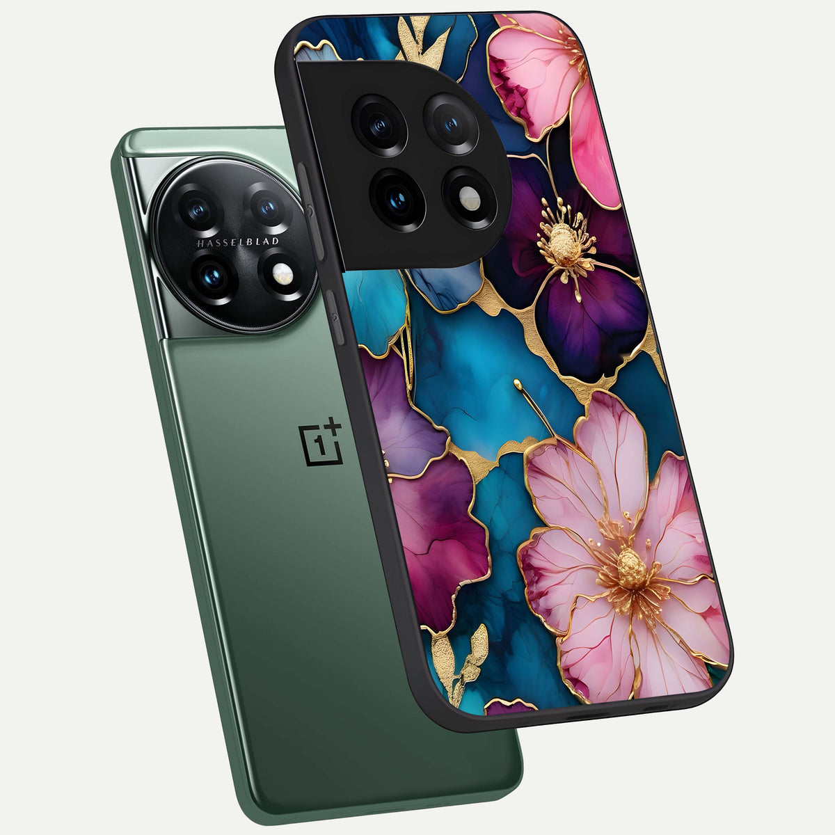  Sparkle Floral phone case For OnePlus 11 showing premium glass back cover with detailed artwork