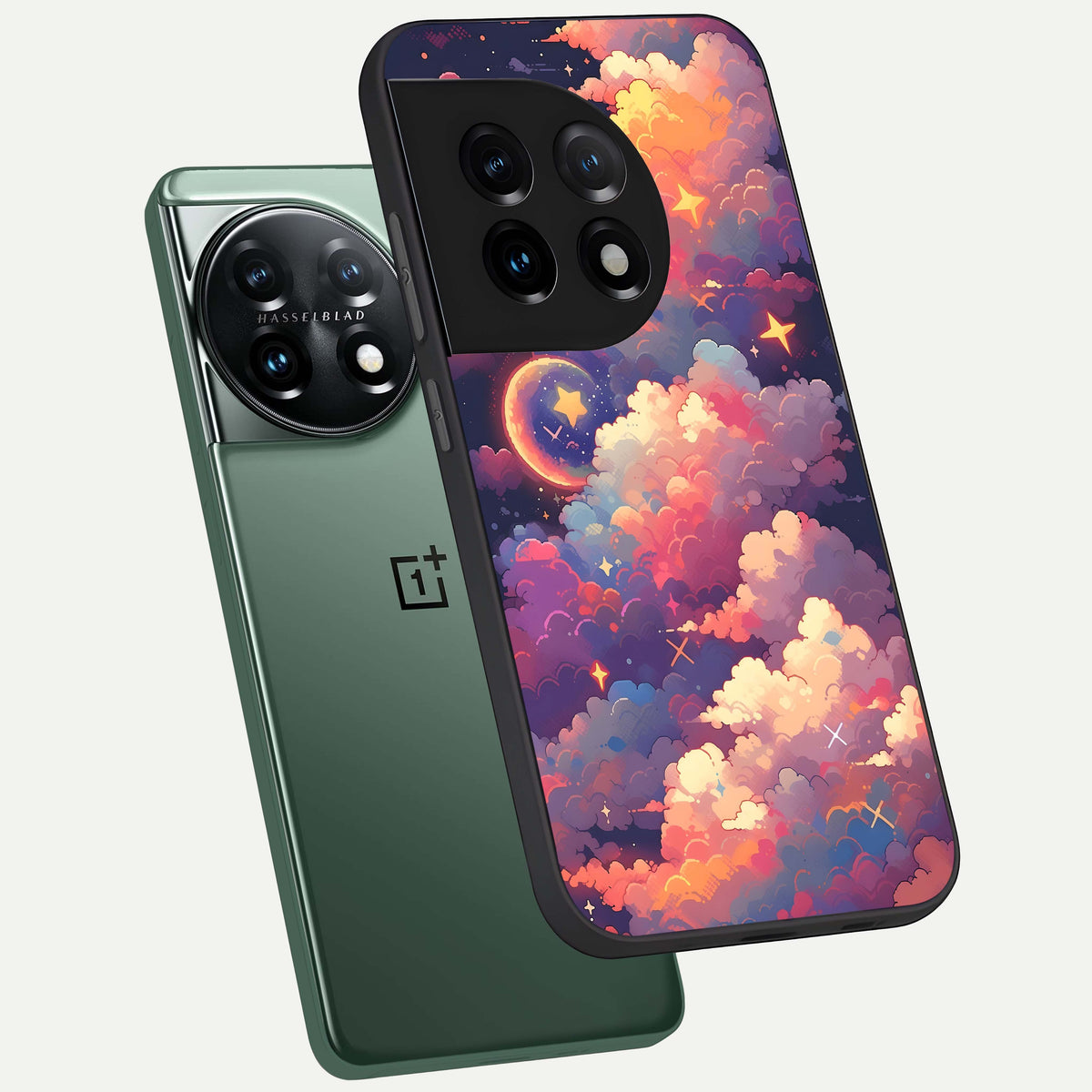  Starlit Dream Clouds phone case For OnePlus 11 showing premium glass back cover with detailed artwork