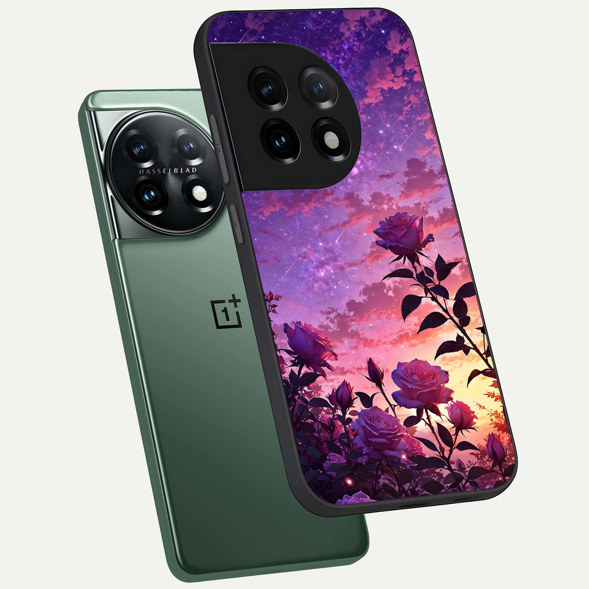  Starlit Rose Twilight phone case For OnePlus 11 showing premium glass back cover with detailed artwork