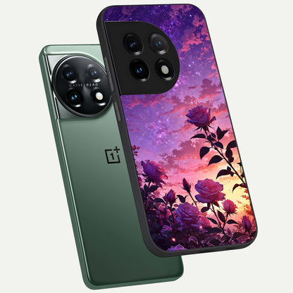  Starlit Rose Twilight phone case For OnePlus 11 showing premium glass back cover with detailed artwork