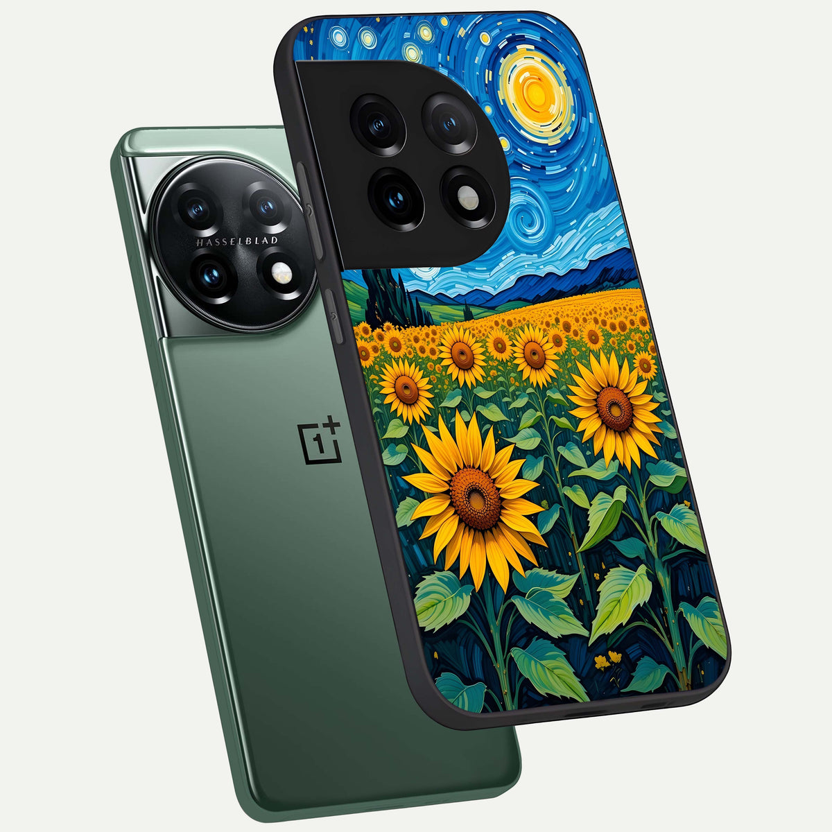  Starry Sunflower Dreams phone case For OnePlus 11 showing premium glass back cover with detailed artwork