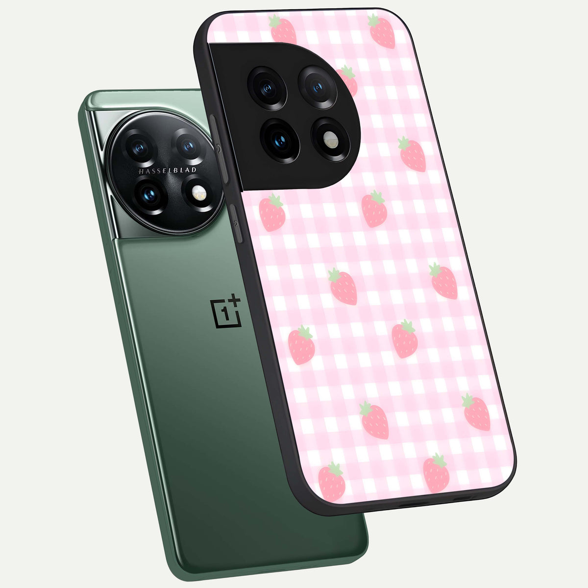  Strawberry Picnic Love phone case For OnePlus 11 showing premium glass back cover with detailed artwork
