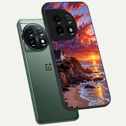  Sunset House By Sea phone case For OnePlus 11 showing premium glass back cover with detailed artwork