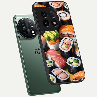  Sushi Food Pattern phone case For OnePlus 11 showing premium glass back cover with detailed artwork